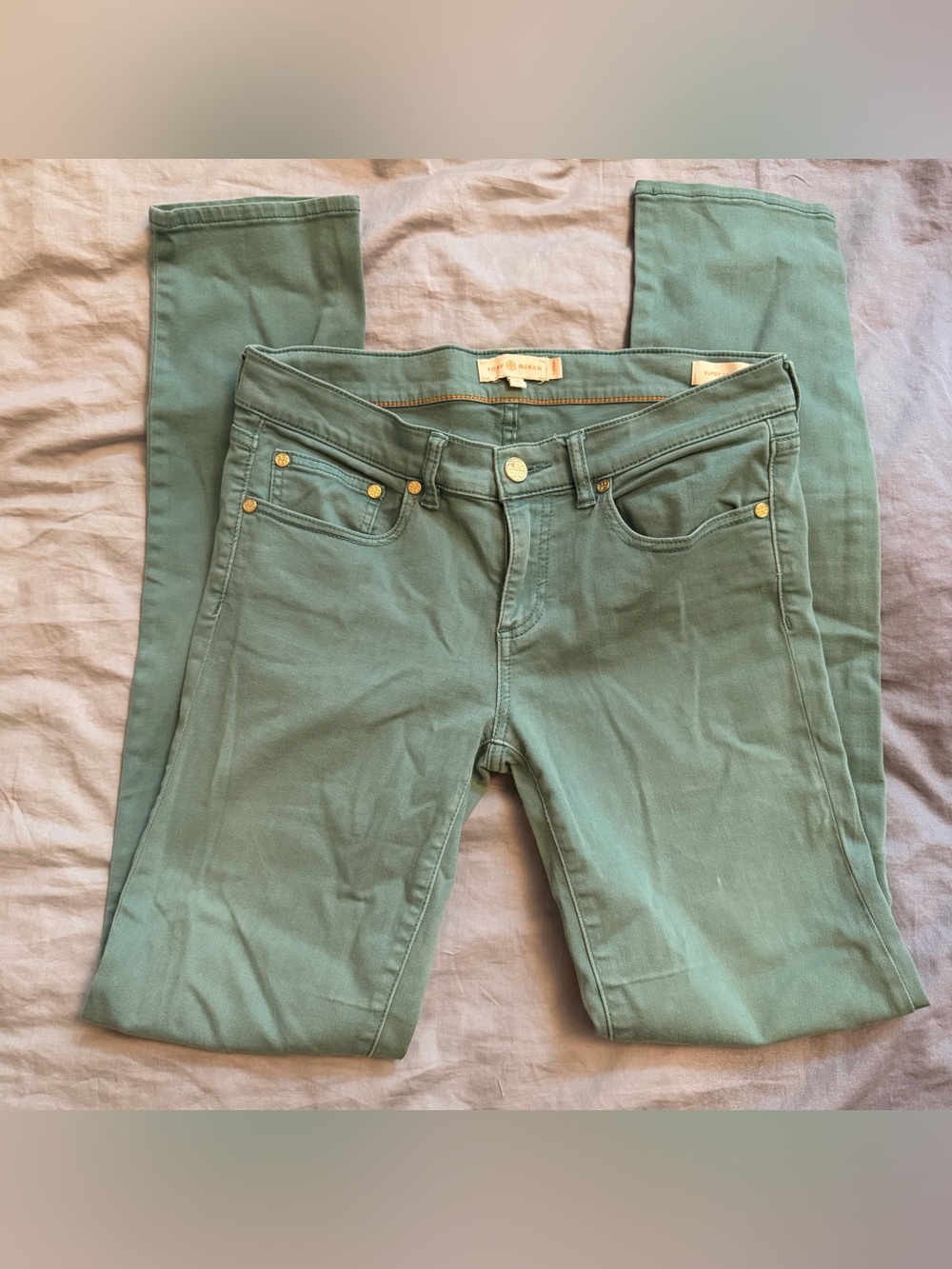 Tory Burch Mint Green Ivy Super Skinny Jeans Midrise Logo Hardware Size 28